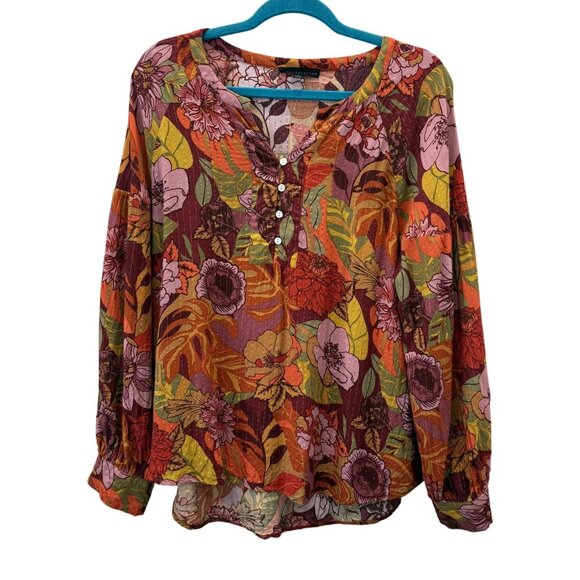 Jane + Delancey Tops - Jane Delancey Womens Floral Purple Gold Metallic Stripe Split Neck XL